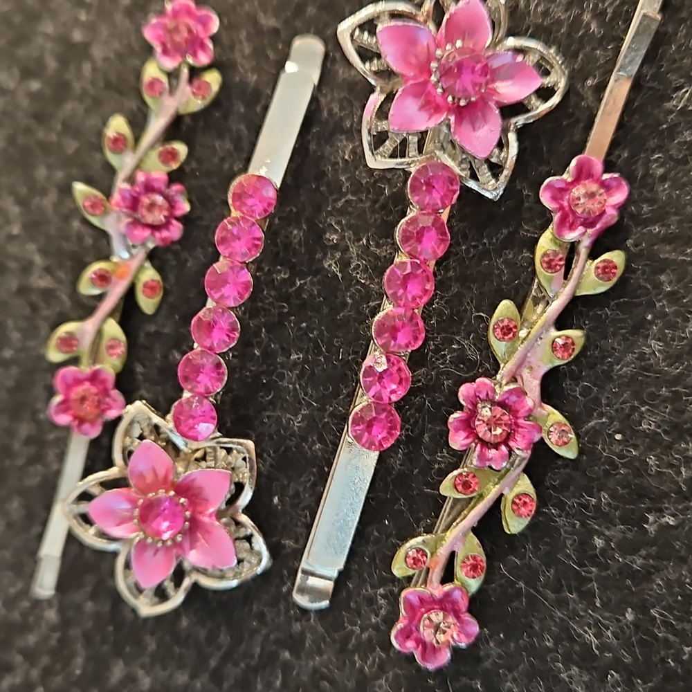 4 Pc. pink floral. Rhinestones hair pins Special Occasion Bun Braid Prom Party - Picture 4 of 5